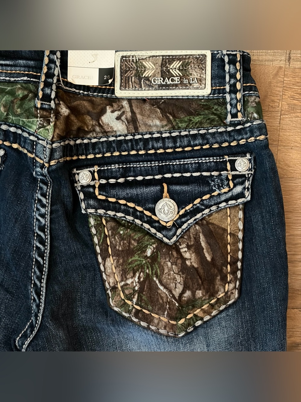 Grace in LA Camo Yoke Embellished Distressed Bootcut Jeans 2/26 NWT - Picture 7 of 10
